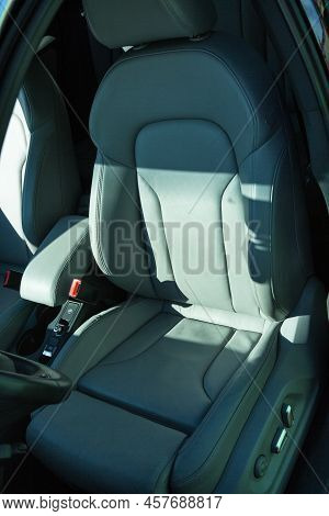Audi Q3 In Black. Subcompact Luxury Crossover Audi Q3. Detailing. View Of The Front Seats.