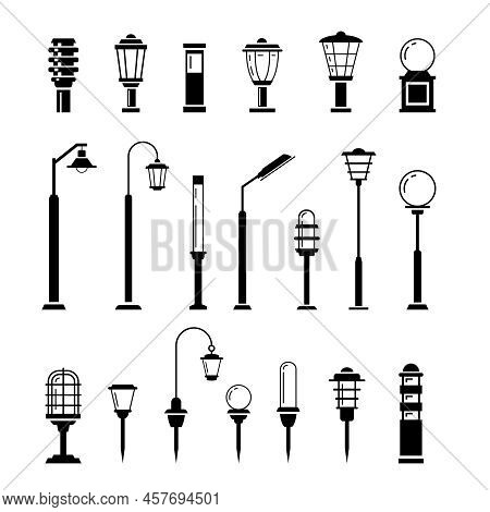 Outdoor Lights Monochrome Black Line Art Icon Collection Vector Illustration. Street Retro Road Lamp