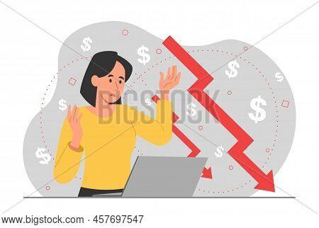 Concept Of Bankruptcy. Sad Woman Looks At Falling Graph, Businesswoman Or Entrepreneur In Front Of L