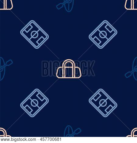 Set Line Kayak And Paddle, Football Field And Sport Bag On Seamless Pattern. Vector