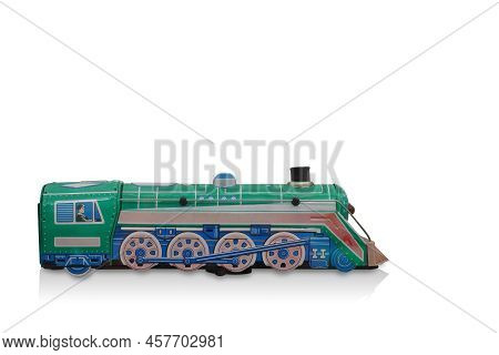 Side View Ancient Green And Blue Zinc Train Toy On White Background, Object, Vintage, Retro, Modern,