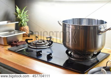 Meatal Saucepan On Gas Stove In The Kitchen