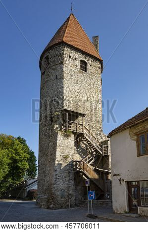 Tallinn, Estonia. July 2022.  View Of The Medieval Plate Tower In The Old Town