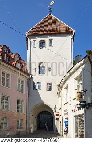Tallinn, Estonia. July 2022.  View Of The Long Leg Gate Tower In The Old Town