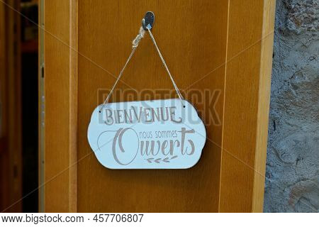 Bienvenue Nous Sommes Ouverts Open French Text Means On Wooden Board Windows Vintage Shop Sign Sayin