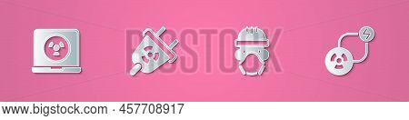 Set Paper Cut Nuclear Laptop, Radiation Electrical Plug, Reactor Worker And Radioactive Exchange Ene