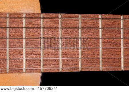 Fragment Of The Fingerboard With Frets Of Old Traditional Wooden Acoustic Guitar With Six Strings, T