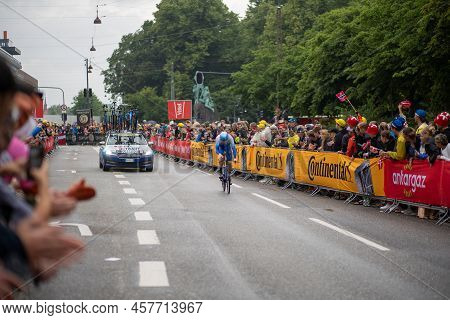 Copenhagen, Denmark - July 01, 2022: A Participant And Spectators At The Tour De France In The City 