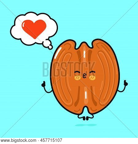 Cute Funny Pecan Doing Yoga With Speech Bubble. Vector Hand Drawn Cartoon Kawaii Character Illustrat