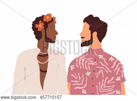 Romantic Men Couple. Two Young Guys Of Different Race Looking At Each Other. Homosexual Biracial Lov