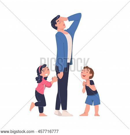 Tired Man Dad Exhausted With Noisy And Energetic Kids Playing Around Vector Illustration