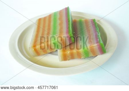 Lapis Cake Or Roti Lapis Or Layer Cake Or Lapis Legit Served In Little Plate Isolated On White Backg