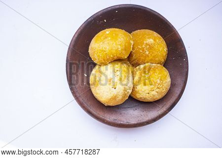 Brown Sugar Or Java Sugar Or Palm Sugar Or Gula Jawa Isolated On White Background. Top View. Flat La