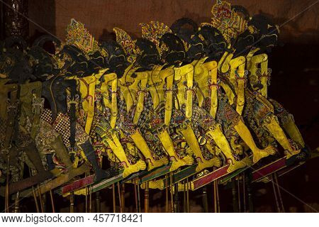 Wayang Kulit Or Shadow Puppets From Java, Indonesia Puppet Show By Dalang Or Puppeteer . Wayang Made