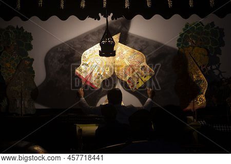 Wayang Kulit Or Shadow Puppets From Java, Indonesia Puppet Show By Dalang Or Puppeteer . Wayang Made