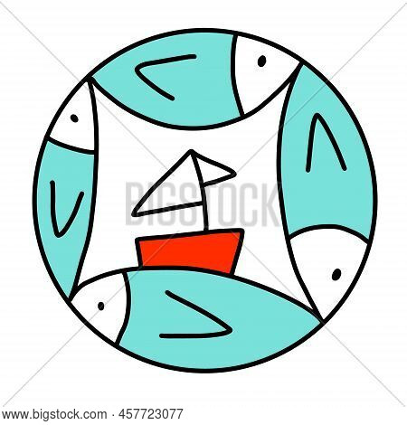 Fish And Boat Han Drawn Vector Icon Symbol Logotype In Cartoon Doodle Style Sea Ocean