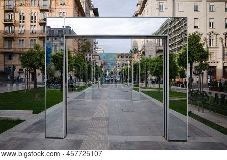 La Spezia, Italy - April, 2022: Modern Installation Of Mirrored Arches Along Piazza Giuseppe Verdi S