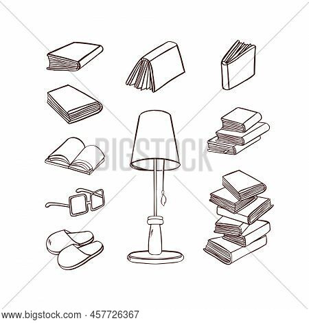 Book Set For Reading, Textbooks, Lamp, Glasses Line Illustration Vector