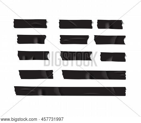Pieces Of Black Electrical Tape Isolated On White Background. Vector Realistic Duct Or Masking Tapes