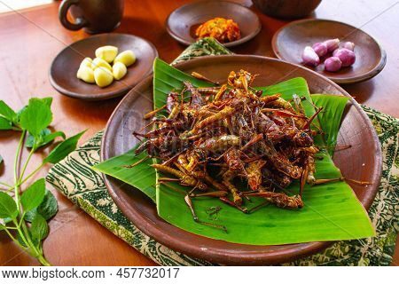 Fried Grasshopper Or Belalang Goreng Is Traditional Food From Southeast Asia, Served With Sambal, On