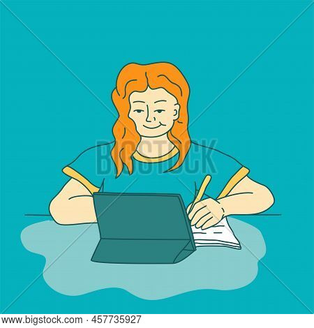 Online Education. The Girl Does Her Homework On The Video As A Lesson. Online Learning Vector Stock 