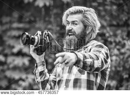 Creating Content For Blog. Bearded Man Hipster Taking Photo. Photography In Modern Life. Hobby And P