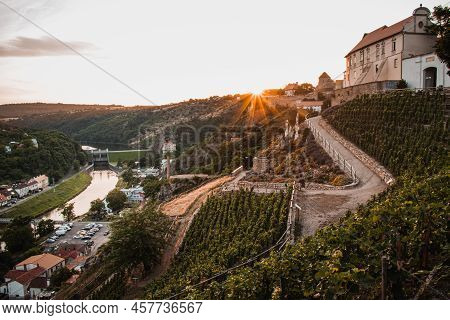 Sunset In The City Of Znojmo In The South Moravian Region In The Czech Republic. View Of The Castle 
