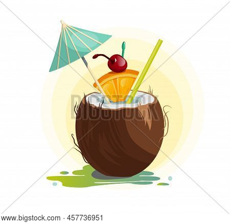Cocktail In Coconut. Umbrella, Tube, Orange, Cherry, Coconut. Summer Beach Vector Illustration