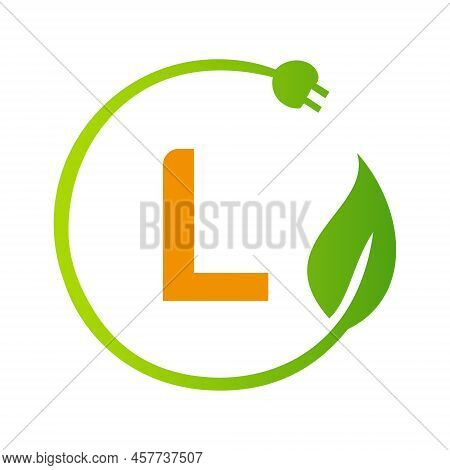 Letter L Green Energy Electrical Plug Logo Template. Electrical Plug Sign Concept With Eco Green Lea