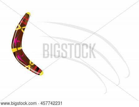 A Typical Aboriginal Boomerang Of Polished Wood With Decorations Thrown Over A White Background