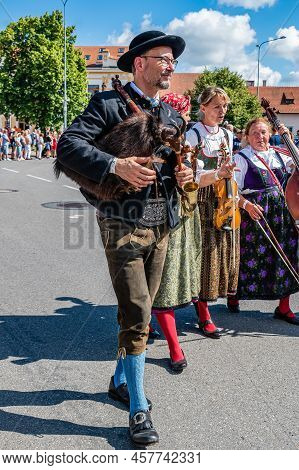 Straznice, Czech Republic - June 25, 2022 International Folklore Festival. Woodpecker Playing At The