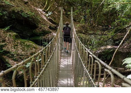 Portrait Of A Woman At A Wooden Suspension Bridge Over A Small Creek Valley In The Woods, Kordel, Be