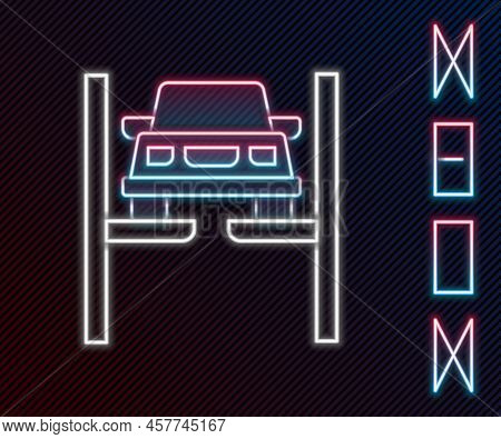 Glowing Neon Line Repair Car On Lift Icon Isolated On Black Background. Repair Of The Underbody, Sus