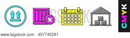 Set This Side Up, Wooden Box And Delete, Calendar And Warehouse Icon. Vector