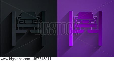 Paper Cut Repair Car On Lift Icon Isolated On Black On Purple Background. Repair Of The Underbody, S