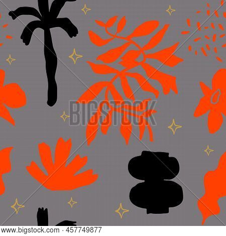 Abstract Scandinavian Floral Seamless Pattern, Hand Drawn Flower Shapes Background