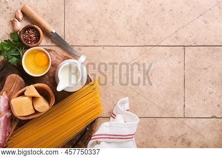 Ingredients For Pasta Carbonara. Traidtional Italian Pasta Carbonara Ingredients Bacon, Spaghetti, P