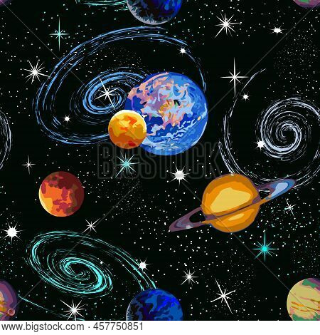 Stars And Planets In A Pattern.colorful Vector Seamless Pattern With Planets, Stars And Galaxies.