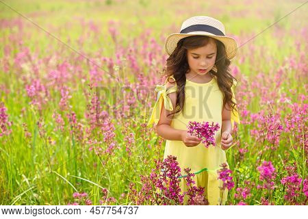 A Beautiful Little Girl In A Straw Hat, Holds A Bouquet Of Burgundy Viscaria Flowers