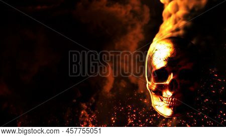 Burning Yellow Skull With Fire Background With Empty Place - War Concept - Abstract 3d Illustration