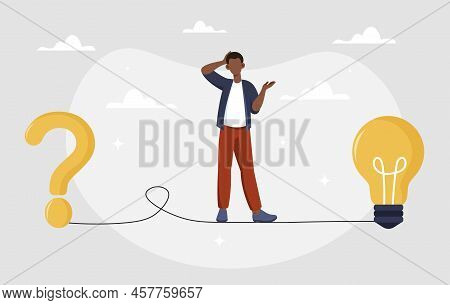 Finding Solutions To Problems. Young Guy Standing On Rope Stretched Between Question Mark And Light 
