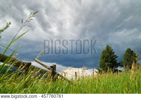 Ranchland Storm Clouds. A Threatening Sky In The Rural Ranch Country Of The Nicola Valley, British C
