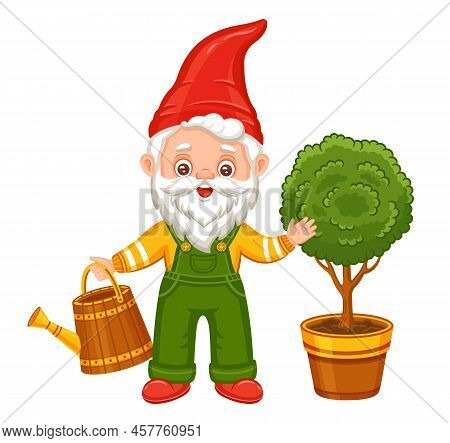 Cute Garden Gnome, Gardener Dwarf Hold Watering Can. Little Fairytale Elf In Red Hat Watering Plant 