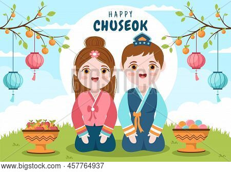 Happy Chuseok Day In Korea For Thanksgiving With People In Traditional Hanbok, Full Moon And Sky Lan