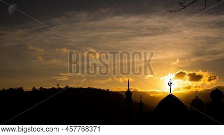 Ramadan, Eid Ai-fitr,new Year Muharram Islamic Religion Symbols With Mosques Dome Silhouette On Dark