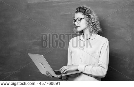 Online Schooling Concept. Woman Laptop Surfing Internet. Online School. Teaching Online Course. Info