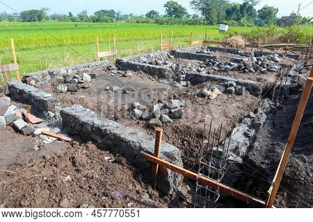 The Foundation For The House. Laying The Foundation Made From Stone, Sand, Semen And Steel. Construc