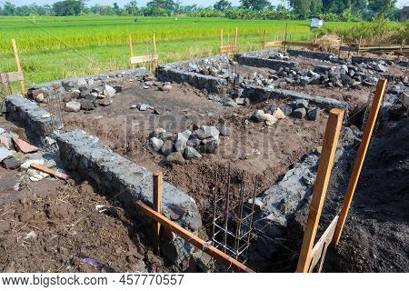 The Foundation For The House. Laying The Foundation Made From Stone, Sand, Semen And Steel. Construc