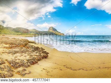 Picturesque Seascape Of Isolidda Beach Near San Vito Cape. Popular Travel Destination Of Monte Cofan