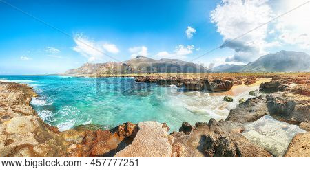 Unbelievable Seascape Of Isolidda Beach Near San Vito Cape. Popular Travel Destination Of Monte Cofa